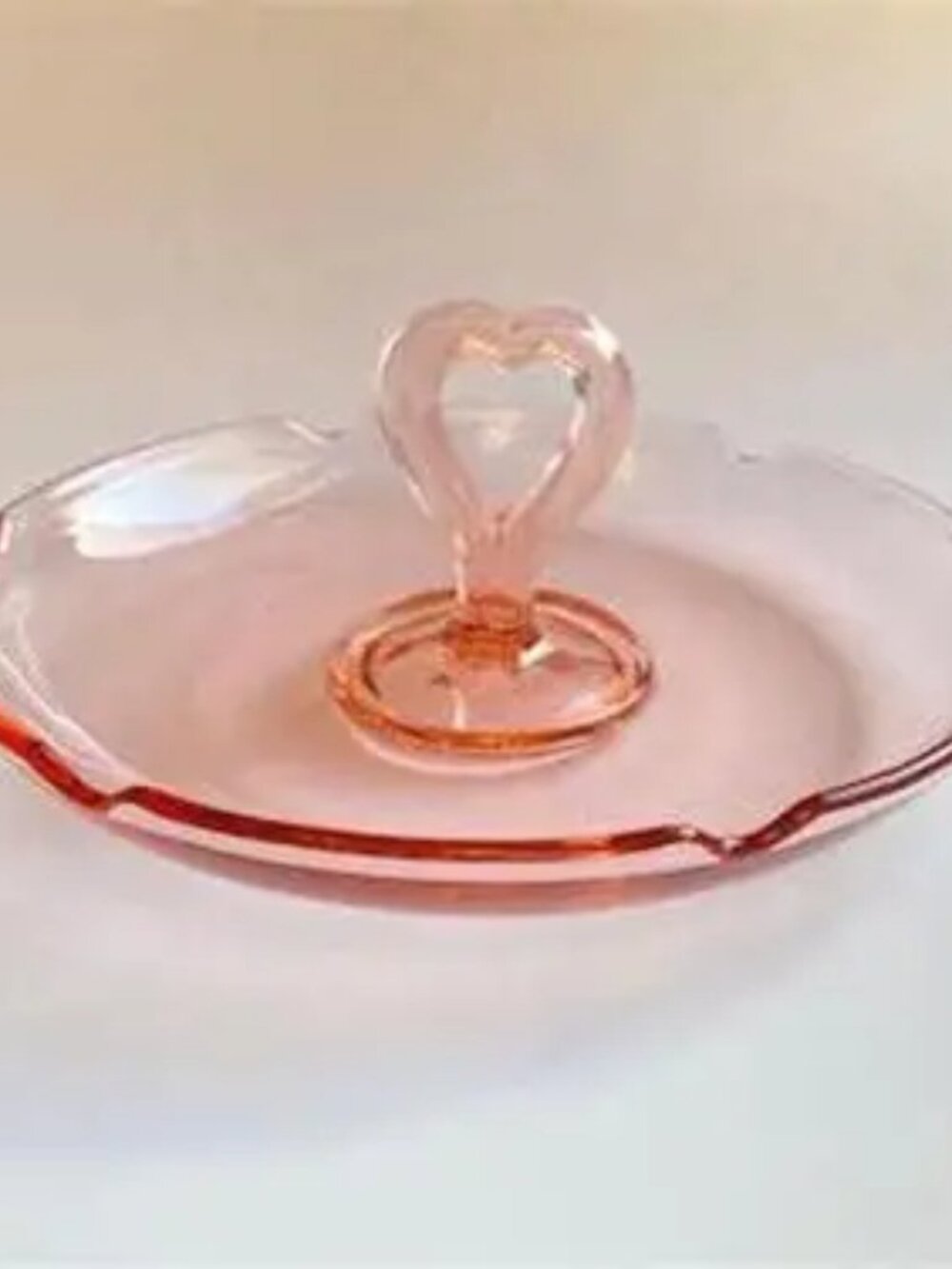 Antique 1930s L E Smith Pink Depression Glass Heart Handle Tidbit or Ash Tray